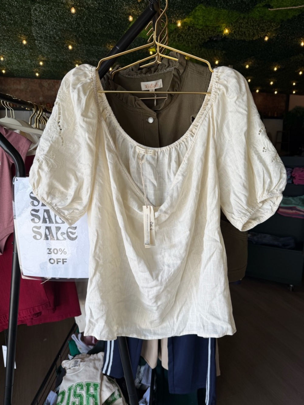 lovestitch Cream Puff-Sleeve Eyelet Peasant Top A093